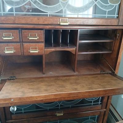 Barrister bookcase and secretary desk / bureau combination with intricate leaded stained-glass doors waterglass pattern