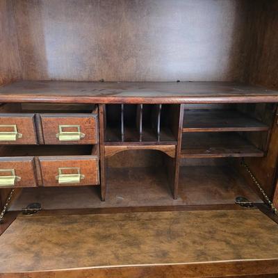 Barrister bookcase and secretary desk / bureau combination with intricate leaded stained-glass doors waterglass pattern