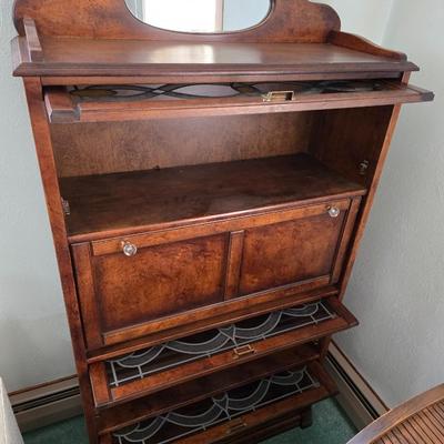Barrister bookcase and secretary desk / bureau combination with intricate leaded stained-glass doors waterglass pattern