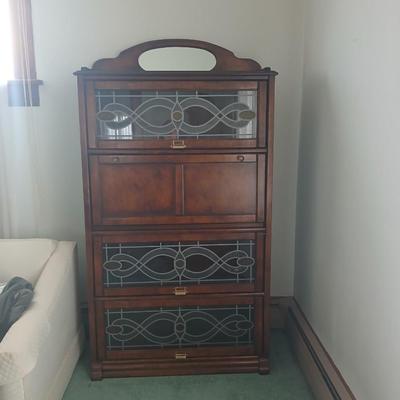 Barrister bookcase and secretary desk / bureau combination with intricate leaded stained-glass doors waterglass pattern