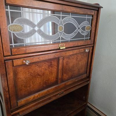 Barrister bookcase and secretary desk / bureau combination with intricate leaded stained-glass doors waterglass pattern