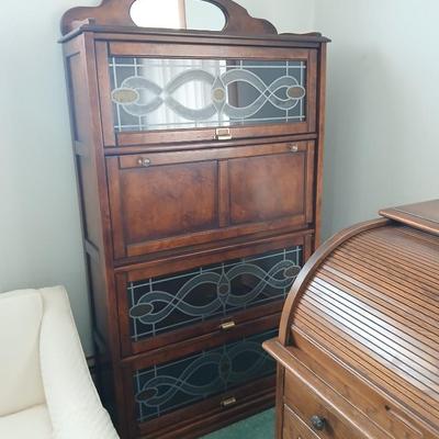 Barrister bookcase and secretary desk / bureau combination with intricate leaded stained-glass doors waterglass pattern