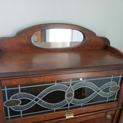 Barrister bookcase and secretary desk / bureau combination with intricate leaded stained-glass doors waterglass pattern