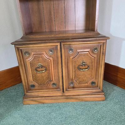 Vintage Chinoiserie library bookcase cabinet with upper shelves and a lower cabinet.