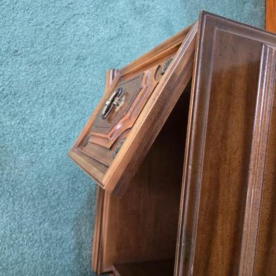 Vintage Chinoiserie library bookcase cabinet with upper shelves and a lower cabinet.