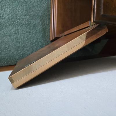 Vintage Chinoiserie library bookcase cabinet with upper shelves and a lower cabinet.