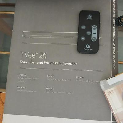 Boston Acustics TVee 26 soundbar with remote and an LG 3D Blueray disc DVD Player with remote and three DVD movies