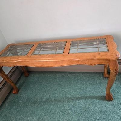 American-made traditional oak and glass topped sofa console table with beveled glass inserts