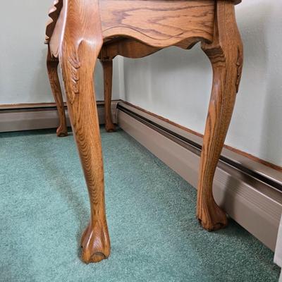 American-made traditional oak and glass topped sofa console table with beveled glass inserts