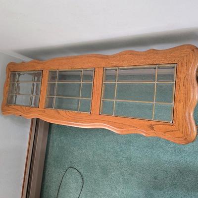 American-made traditional oak and glass topped sofa console table with beveled glass inserts