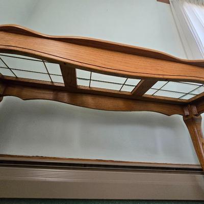 American-made traditional oak and glass topped sofa console table with beveled glass inserts
