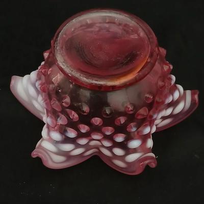 Vintage Fenton Cranberry Opalescent Hobnail Ruffled Bowl