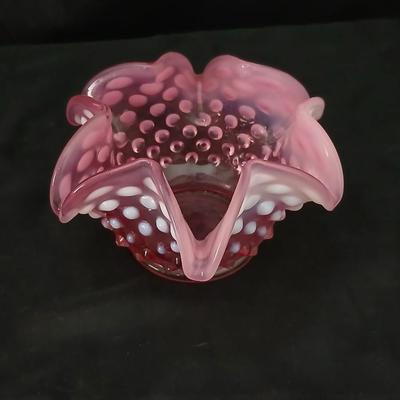 Vintage Fenton Cranberry Opalescent Hobnail Ruffled Bowl