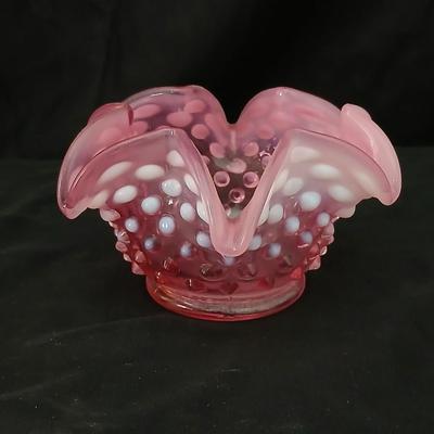 Vintage Fenton Cranberry Opalescent Hobnail Ruffled Bowl