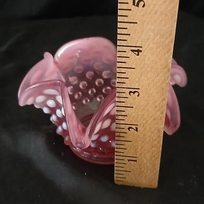 Vintage Fenton Cranberry Opalescent Hobnail Ruffled Bowl