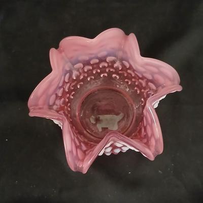 Vintage Fenton Cranberry Opalescent Hobnail Ruffled Bowl