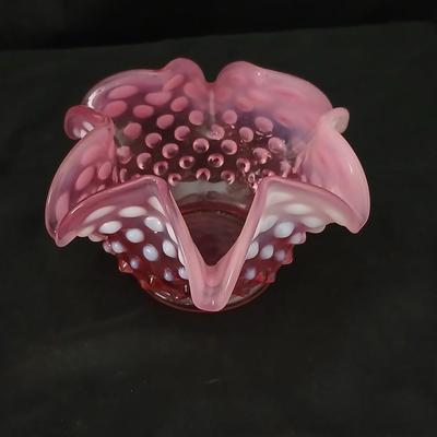 Vintage Fenton Cranberry Opalescent Hobnail Ruffled Bowl