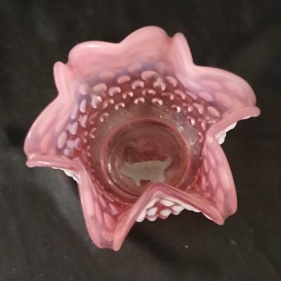 Vintage Fenton Cranberry Opalescent Hobnail Ruffled Bowl