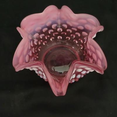 Vintage Fenton Cranberry Opalescent Hobnail Ruffled Bowl
