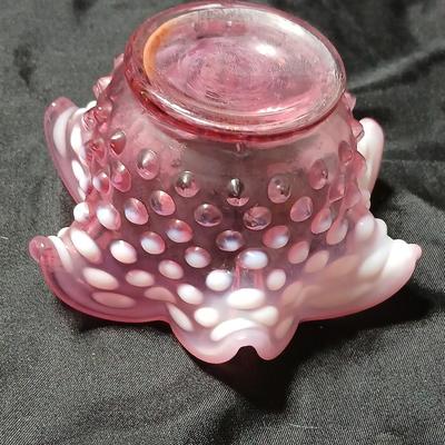 Vintage Fenton Cranberry Opalescent Hobnail Ruffled Bowl