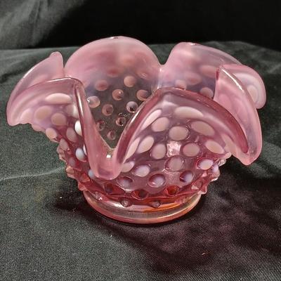 Vintage Fenton Cranberry Opalescent Hobnail Ruffled Bowl