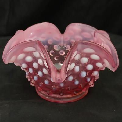 Vintage Fenton Cranberry Opalescent Hobnail Ruffled Bowl