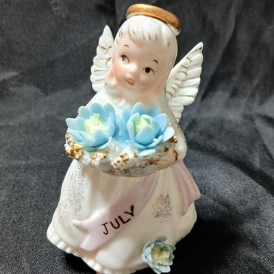 vintage Lefton July Birthday Angel figurine, holding blue flowers Lefton's 3332