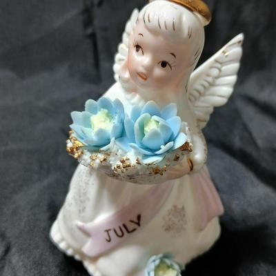 vintage Lefton July Birthday Angel figurine, holding blue flowers Lefton's 3332