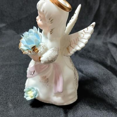 vintage Lefton July Birthday Angel figurine, holding blue flowers Lefton's 3332
