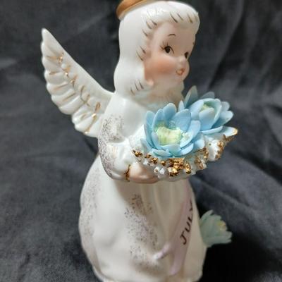 vintage Lefton July Birthday Angel figurine, holding blue flowers Lefton's 3332