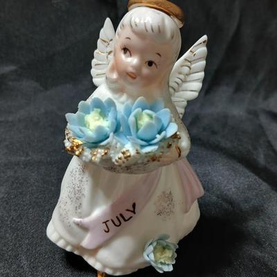 vintage Lefton July Birthday Angel figurine, holding blue flowers Lefton's 3332