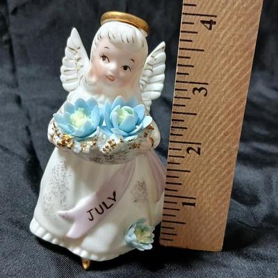 vintage Lefton July Birthday Angel figurine, holding blue flowers Lefton's 3332
