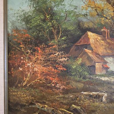 Original oil on canvas landscape painting that depicts a rural scene with a cottage and a person walking along a path by "Herman...