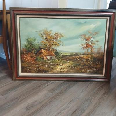 Original oil on canvas landscape painting that depicts a rural scene with a cottage and a person walking along a path by "Herman...