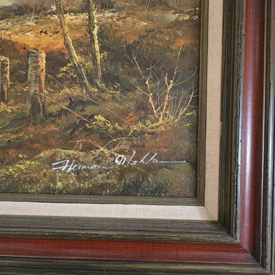 Original oil on canvas landscape painting that depicts a rural scene with a cottage and a person walking along a path by "Herman...