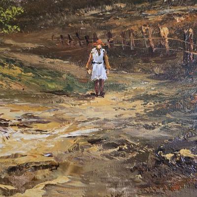Original oil on canvas landscape painting that depicts a rural scene with a cottage and a person walking along a path by "Herman...