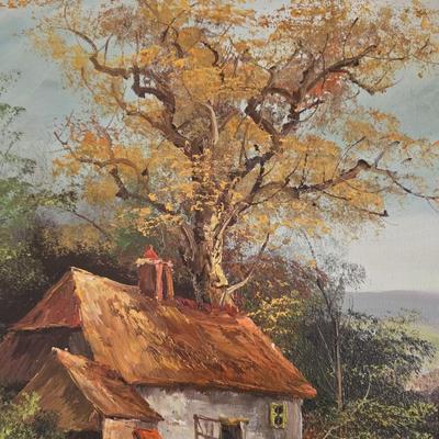 Original oil on canvas landscape painting that depicts a rural scene with a cottage and a person walking along a path by "Herman...