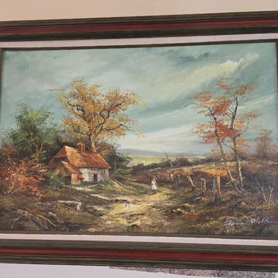 Original oil on canvas landscape painting that depicts a rural scene with a cottage and a person walking along a path by "Herman...