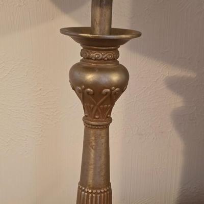 28" traditional-style brass table lamp with an ornate base and a white pleated shade