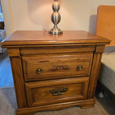 Broyhill River Oak two-drawer nightstand with lamp