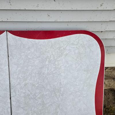 Vintage 1950s Mid-Century Modern gray and red Formica dinette table with chrome legs.