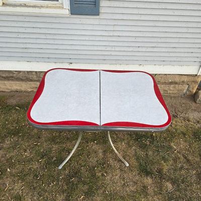 Vintage 1950s Mid-Century Modern gray and red Formica dinette table with chrome legs.