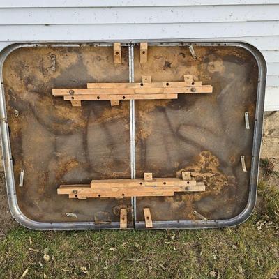Vintage 1950s Mid-Century Modern gray and red Formica dinette table with chrome legs.