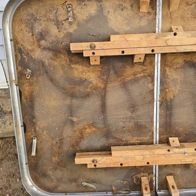 Vintage 1950s Mid-Century Modern gray and red Formica dinette table with chrome legs.