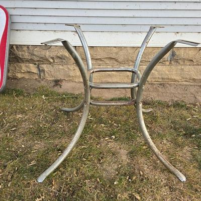 Vintage 1950s Mid-Century Modern gray and red Formica dinette table with chrome legs.