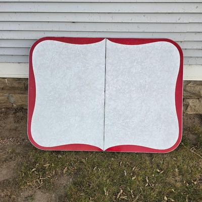 Vintage 1950s Mid-Century Modern gray and red Formica dinette table with chrome legs.