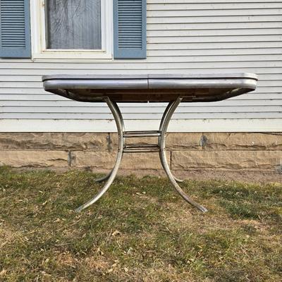 Vintage 1950s Mid-Century Modern gray and red Formica dinette table with chrome legs.