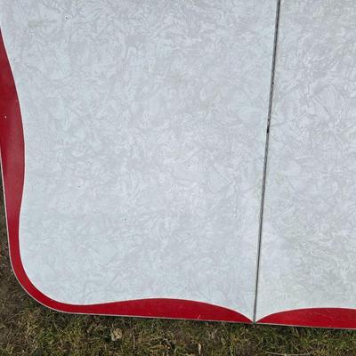 Vintage 1950s Mid-Century Modern gray and red Formica dinette table with chrome legs.