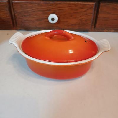 1950s Flame Cocotte Single Small Lidded Oval Pot 2 Cups Vintage Descoware Belgium Cast Iron Enameled French Cookware