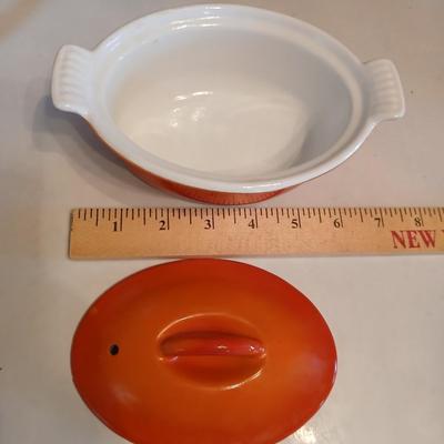 1950s Flame Cocotte Single Small Lidded Oval Pot 2 Cups Vintage Descoware Belgium Cast Iron Enameled French Cookware